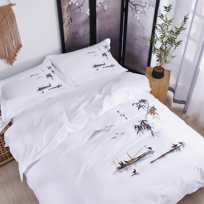 91家纺网 家纺一手货源 找家纺 宾馆 酒店民宿四件套 套件全棉60s贡缎喷气印花款 水乡