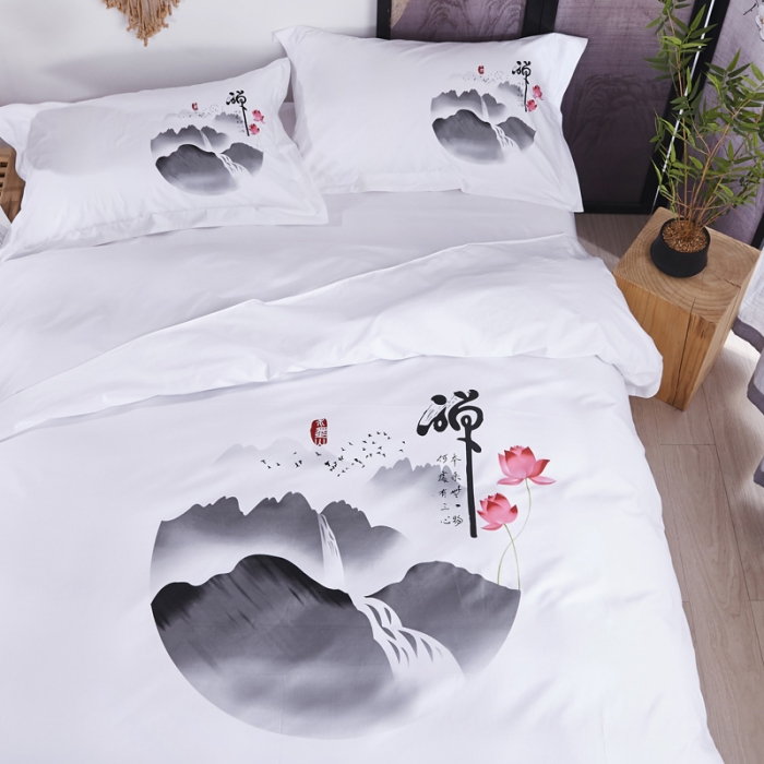 91家纺网 家纺一手货源 找家纺 民宿宾馆酒店四件套 套件全棉60s贡缎喷气印花款 心静