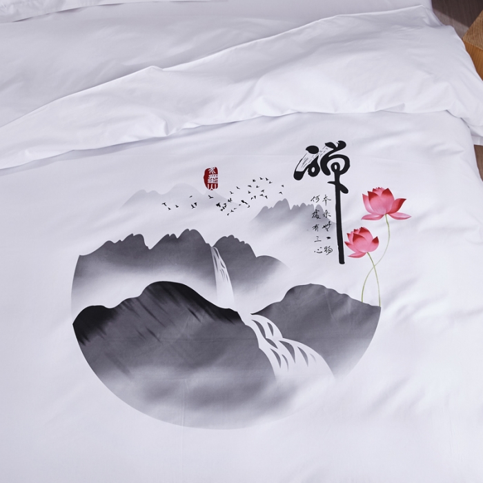 91家纺网 家纺一手货源 找家纺 民宿宾馆酒店四件套 套件全棉60s贡缎喷气印花款 心静