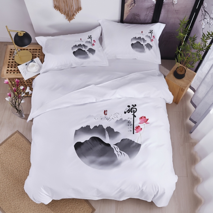 91家纺网 家纺一手货源 找家纺 民宿宾馆酒店四件套 套件全棉60s贡缎喷气印花款 心静