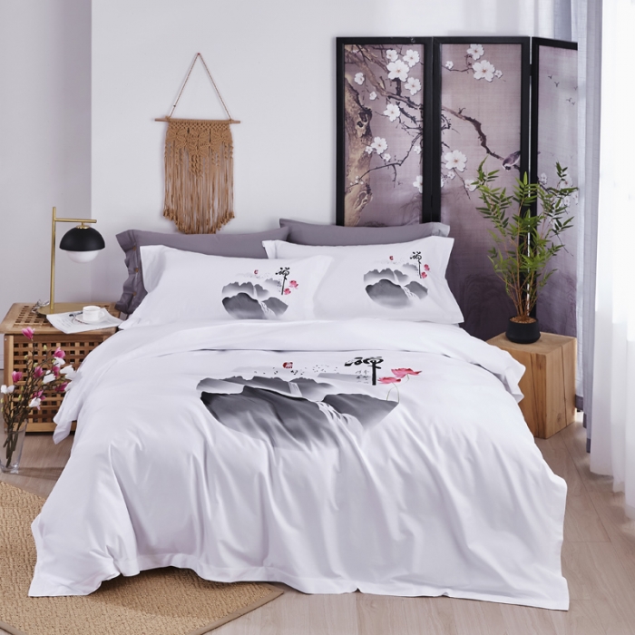 91家纺网 家纺一手货源 找家纺 民宿宾馆酒店四件套 套件全棉60s贡缎喷气印花款 心静