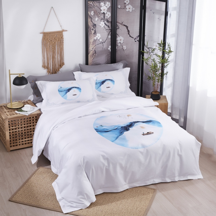 91家纺网 家纺一手货源 找家纺 全棉民宿.宾馆.酒店四件套 套件60s贡缎喷气印花款一叶扁舟