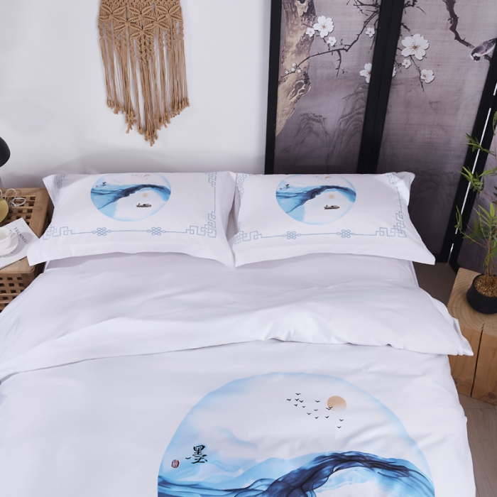 91家纺网 家纺一手货源 找家纺 全棉民宿.宾馆.酒店四件套 套件60s贡缎喷气印花款一叶扁舟