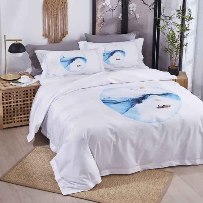 91家纺网 家纺一手货源 找家纺 全棉民宿.宾馆.酒店四件套 套件60s贡缎喷气印花款一叶扁舟