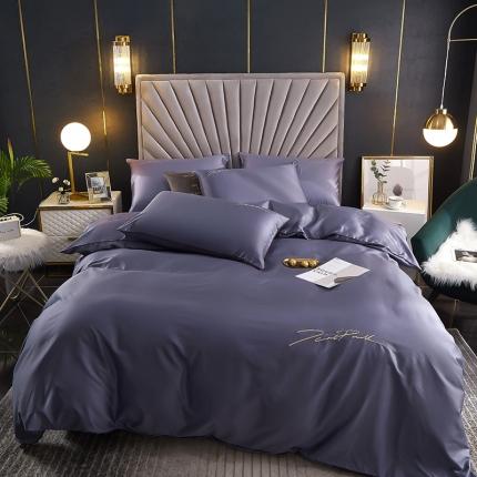 新款简约北欧风纯棉13070纯色刺绣四件套床上用品 深紫