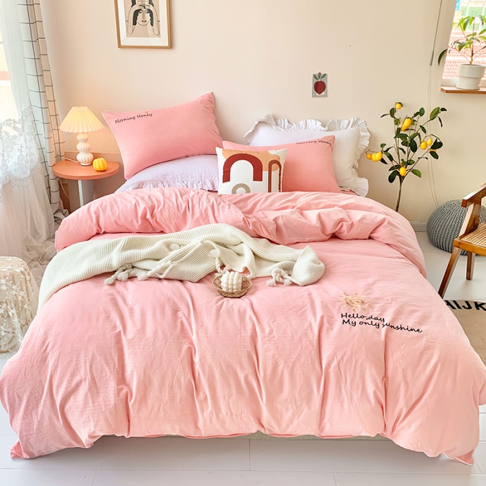 91家纺网 家纺一手货源 找家纺 玛奇朵 2021新品刺绣款纯棉色织水洗棉四件套 粉色