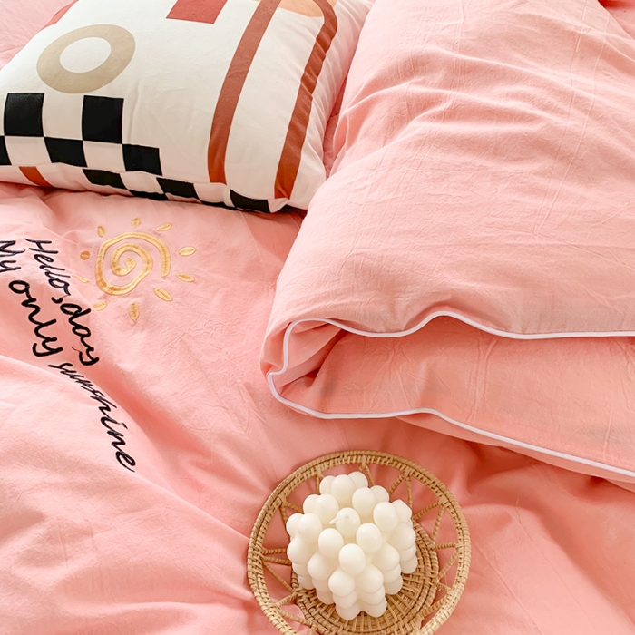 91家纺网 家纺一手货源 找家纺 玛奇朵 2021新品刺绣款纯棉色织水洗棉四件套 粉色