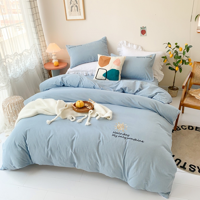 91家纺网 家纺一手货源 找家纺 玛奇朵 2021新品刺绣款纯棉色织水洗棉四件套 蓝色