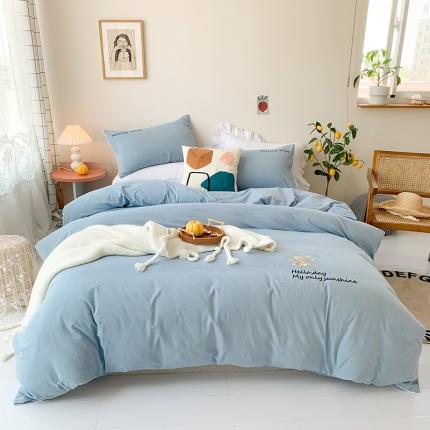 玛奇朵 2021新品刺绣款纯棉色织水洗棉四件套 蓝色