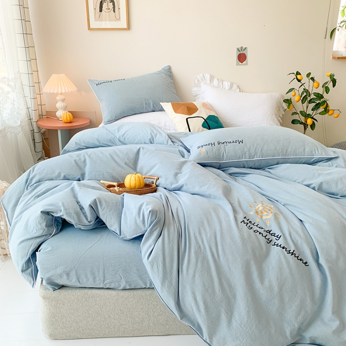 91家纺网 家纺一手货源 找家纺 玛奇朵 2021新品刺绣款纯棉色织水洗棉四件套 蓝色