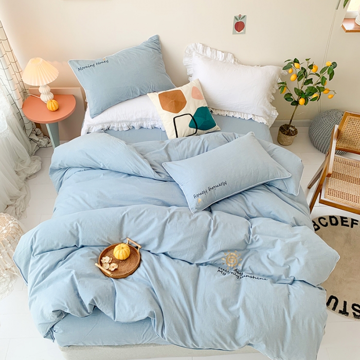 91家纺网 家纺一手货源 找家纺 玛奇朵 2021新品刺绣款纯棉色织水洗棉四件套 蓝色