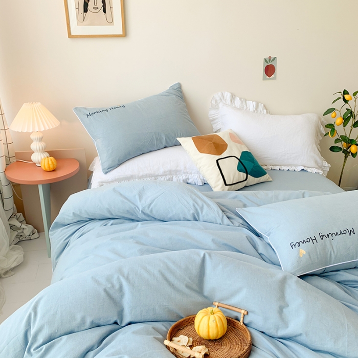 91家纺网 家纺一手货源 找家纺 玛奇朵 2021新品刺绣款纯棉色织水洗棉四件套 蓝色