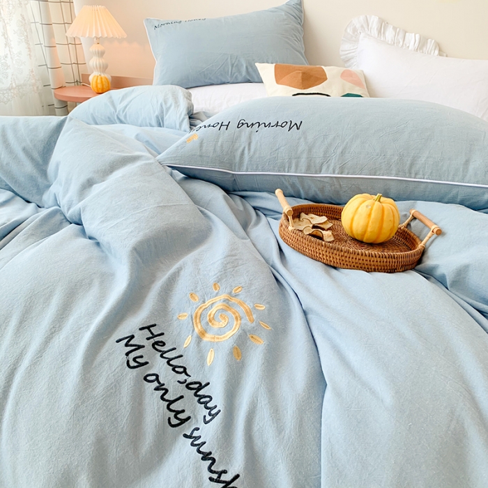 91家纺网 家纺一手货源 找家纺 玛奇朵 2021新品刺绣款纯棉色织水洗棉四件套 蓝色