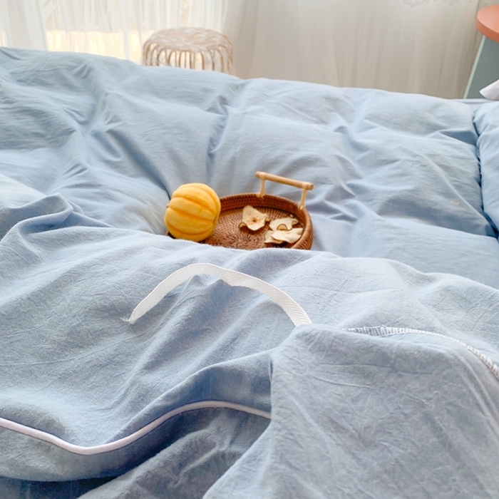 91家纺网 家纺一手货源 找家纺 玛奇朵 2021新品刺绣款纯棉色织水洗棉四件套 蓝色