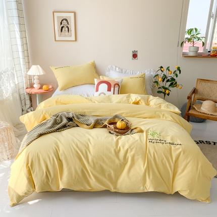 玛奇朵 2021新品刺绣款纯棉色织水洗棉四件套 嫩黄