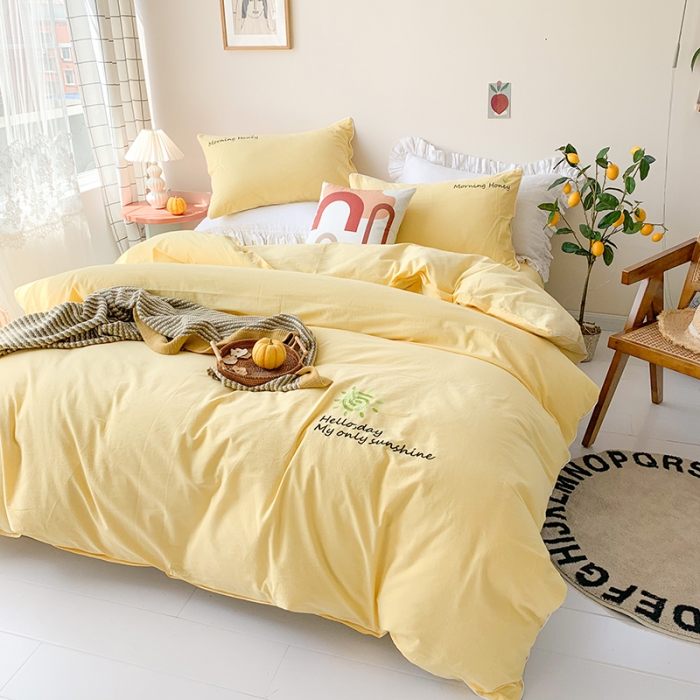 91家纺网 家纺一手货源 找家纺 玛奇朵 2021新品刺绣款纯棉色织水洗棉四件套 嫩黄