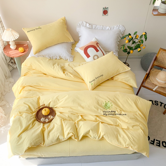 91家纺网 家纺一手货源 找家纺 玛奇朵 2021新品刺绣款纯棉色织水洗棉四件套 嫩黄