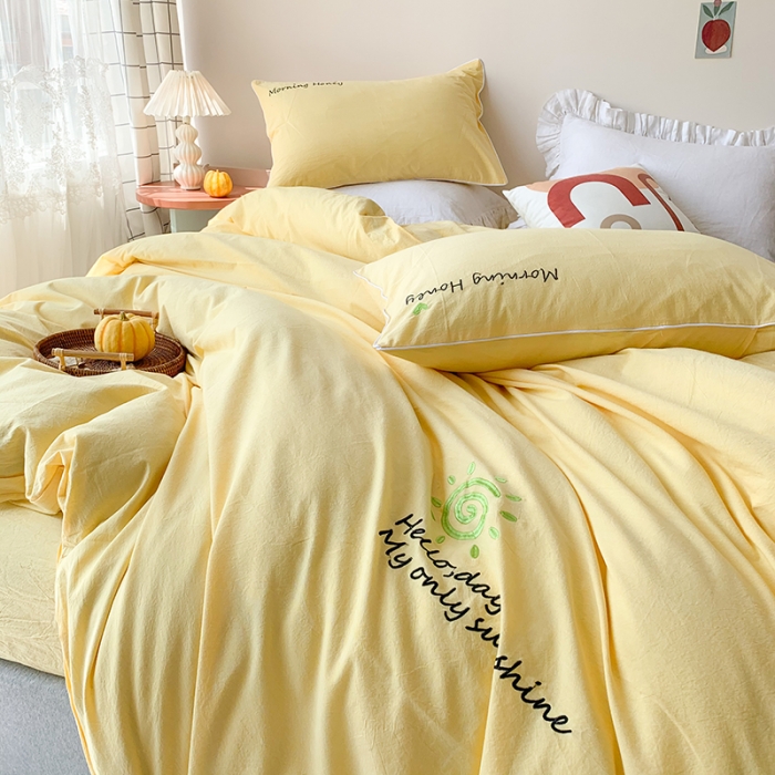 91家纺网 家纺一手货源 找家纺 玛奇朵 2021新品刺绣款纯棉色织水洗棉四件套 嫩黄