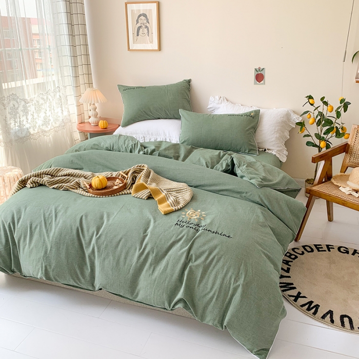 91家纺网 家纺一手货源 找家纺 玛奇朵 2021新品刺绣款纯棉色织水洗棉四件套 松绿