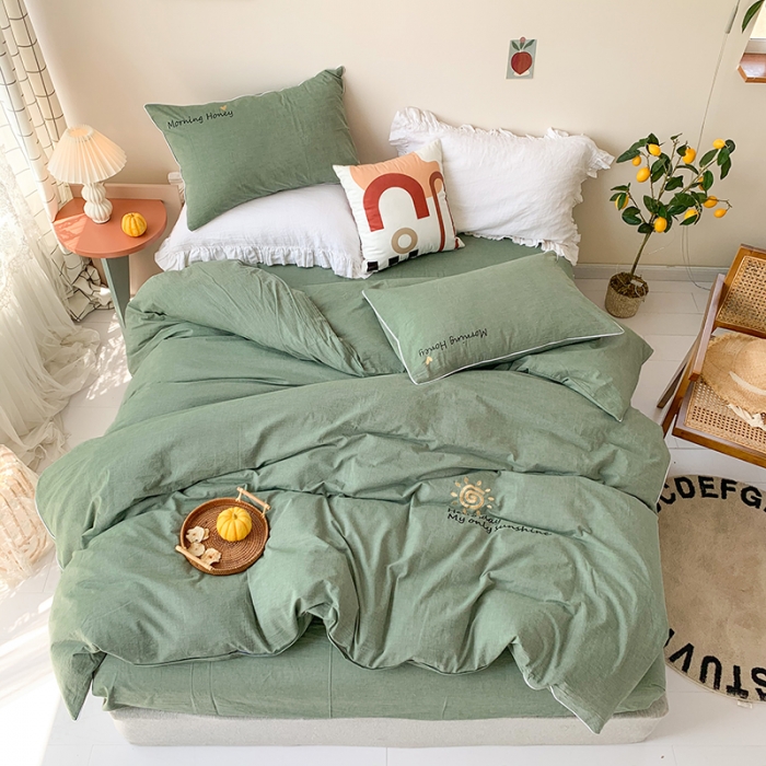 91家纺网 家纺一手货源 找家纺 玛奇朵 2021新品刺绣款纯棉色织水洗棉四件套 松绿