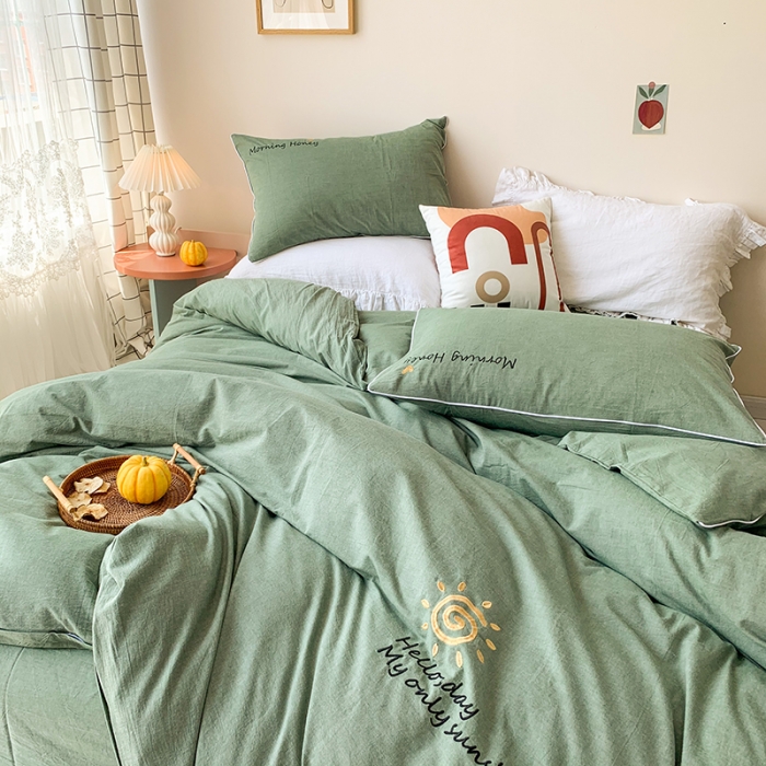 91家纺网 家纺一手货源 找家纺 玛奇朵 2021新品刺绣款纯棉色织水洗棉四件套 松绿