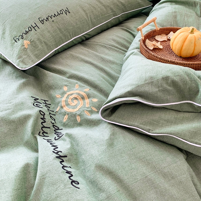 91家纺网 家纺一手货源 找家纺 玛奇朵 2021新品刺绣款纯棉色织水洗棉四件套 松绿