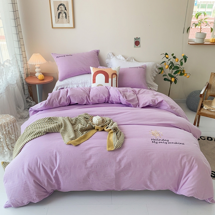 91家纺网 家纺一手货源 找家纺 玛奇朵 2021新品刺绣款纯棉色织水洗棉四件套 紫色