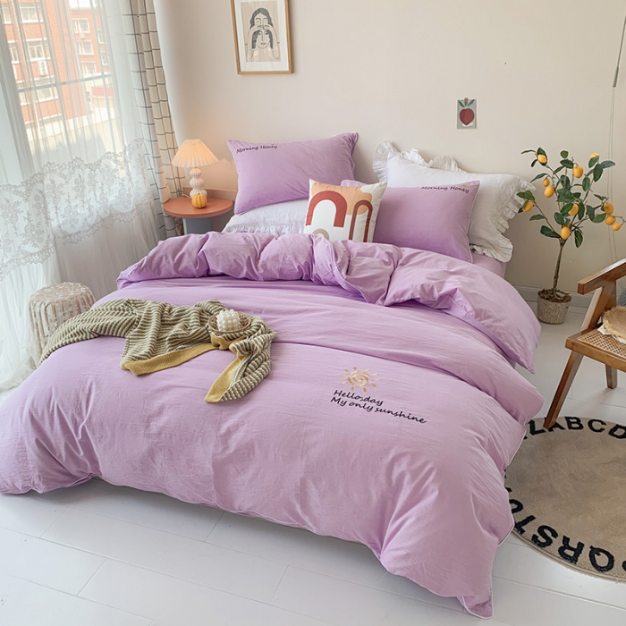 91家纺网 家纺一手货源 找家纺 玛奇朵 2021新品刺绣款纯棉色织水洗棉四件套 紫色