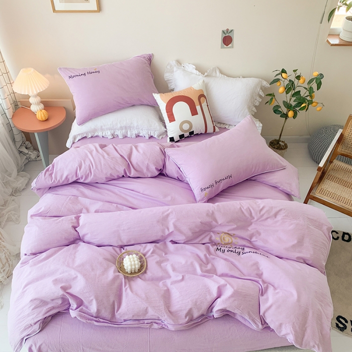 91家纺网 家纺一手货源 找家纺 玛奇朵 2021新品刺绣款纯棉色织水洗棉四件套 紫色