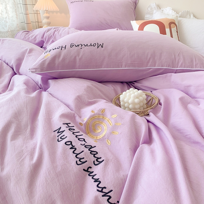 91家纺网 家纺一手货源 找家纺 玛奇朵 2021新品刺绣款纯棉色织水洗棉四件套 紫色