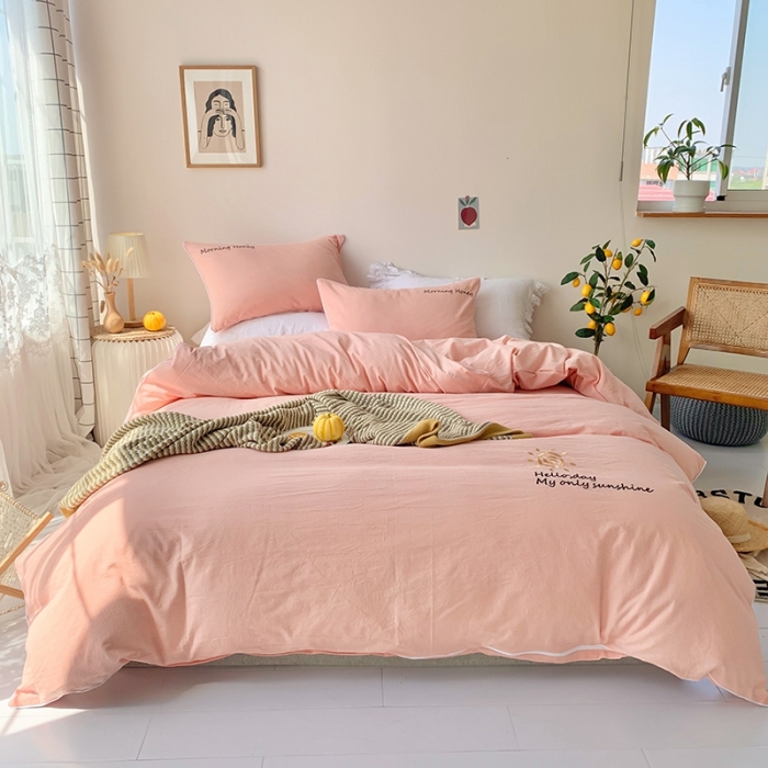 91家纺网 家纺一手货源 找家纺 玛奇朵 2021新品刺绣款纯棉色织水洗棉四件套 玉色