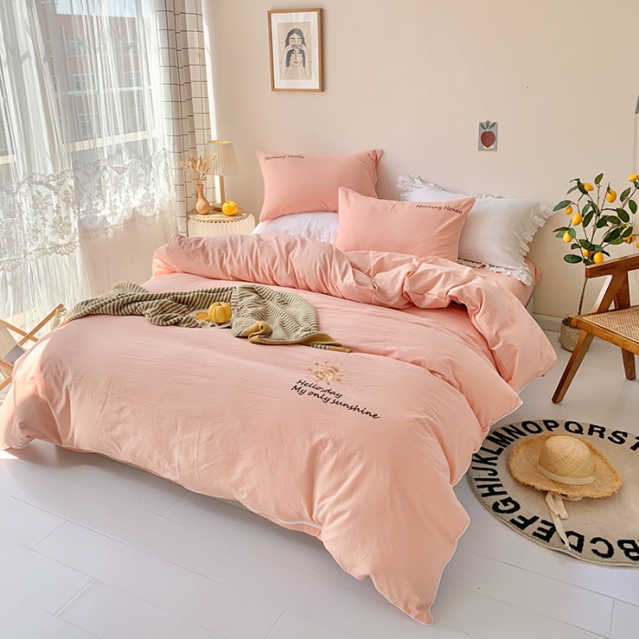 91家纺网 家纺一手货源 找家纺 玛奇朵 2021新品刺绣款纯棉色织水洗棉四件套 玉色