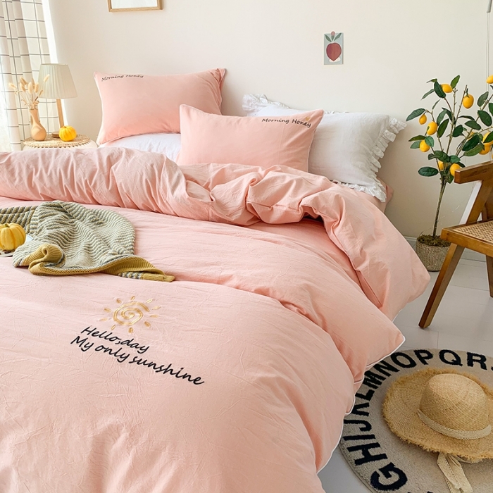 91家纺网 家纺一手货源 找家纺 玛奇朵 2021新品刺绣款纯棉色织水洗棉四件套 玉色