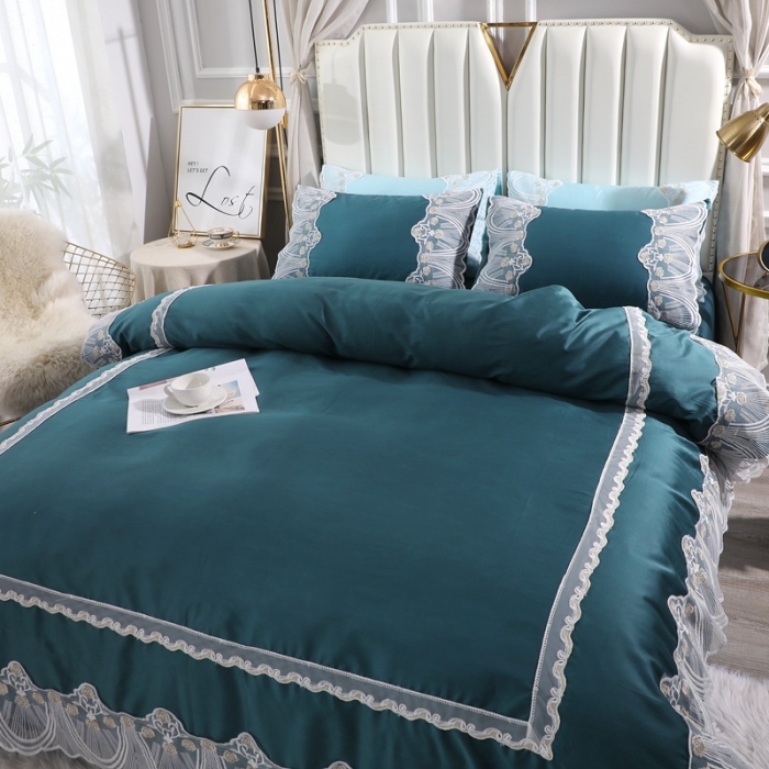 91家纺网 家纺一手货源 找家纺 艾丽莎宝石蓝 全棉60长绒棉蕾丝四件套 纯棉60S支韩版花边