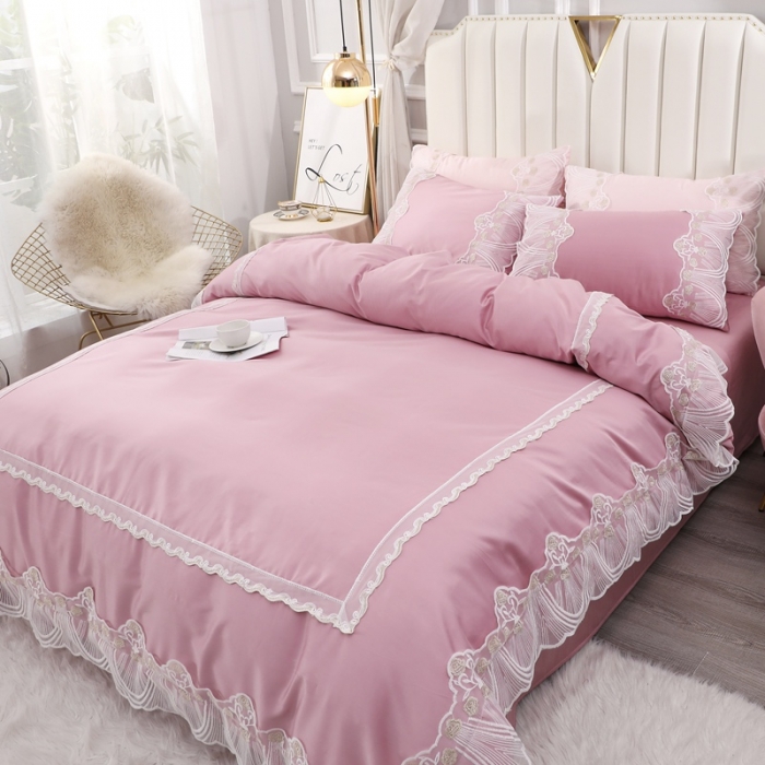 91家纺网 家纺一手货源 找家纺 艾丽莎浅豆沙 全棉60长绒棉蕾丝四件套 纯棉60S支韩版花边