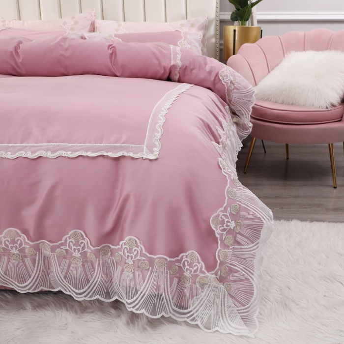 91家纺网 家纺一手货源 找家纺 艾丽莎浅豆沙 全棉60长绒棉蕾丝四件套 纯棉60S支韩版花边