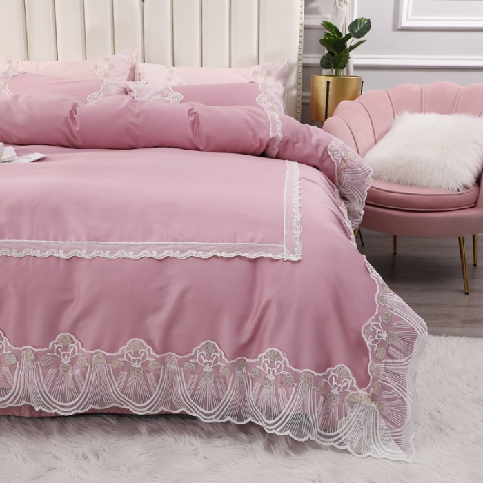 91家纺网 家纺一手货源 找家纺 艾丽莎浅豆沙 全棉60长绒棉蕾丝四件套 纯棉60S支韩版花边