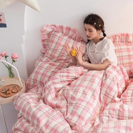91家纺网 家纺一手货源 找家纺 六巷胡同2021网红少女心全棉水洗棉四件套公主风水果格子 蜜桃格