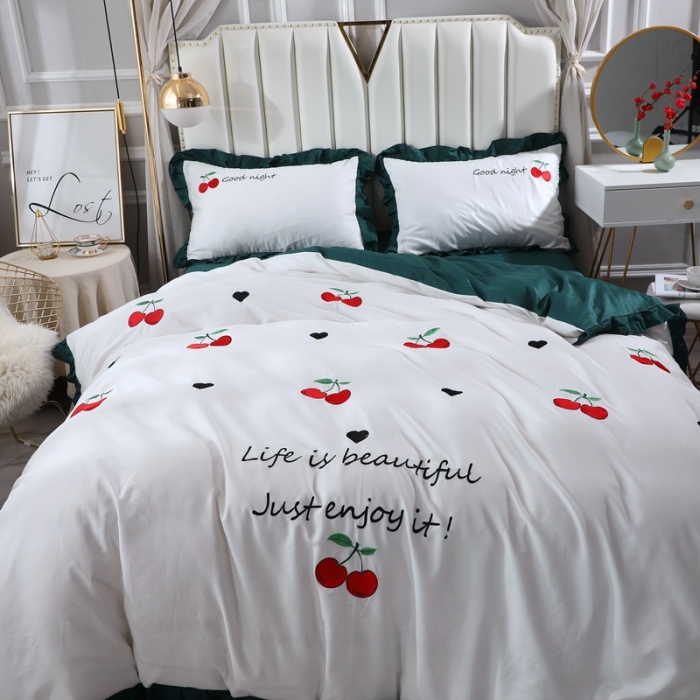 91家纺网 家纺一手货源 找家纺 2020全棉60长绒棉绣花韩版四件套纯棉60S支刺绣 樱桃绿