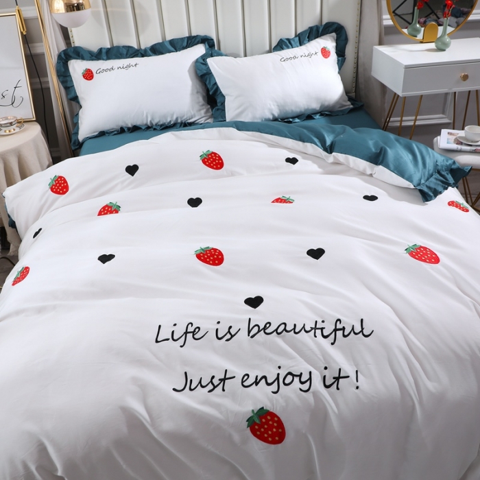 91家纺网 家纺一手货源 找家纺 2020全棉60长绒棉绣花韩版四件套纯棉60S支刺绣 草莓蓝