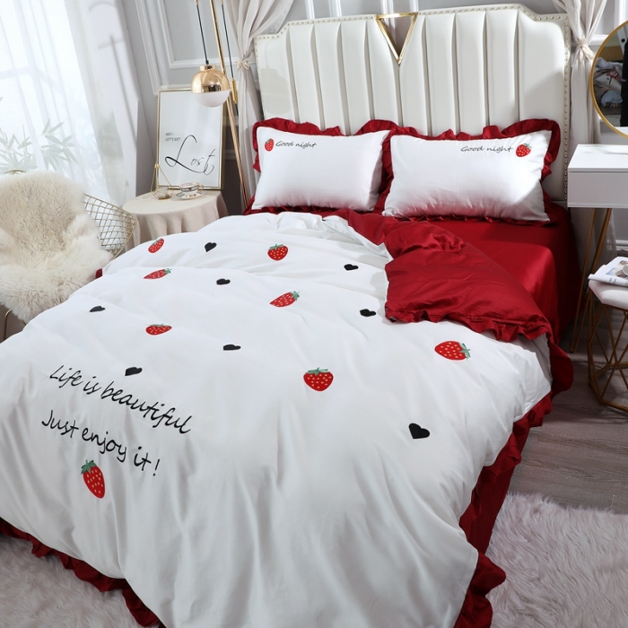 91家纺网 家纺一手货源 找家纺 2020全棉60长绒棉绣花韩版四件套纯棉60S支刺绣草莓酒红