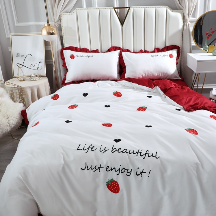 91家纺网 家纺一手货源 找家纺 2020全棉60长绒棉绣花韩版四件套纯棉60S支刺绣草莓酒红