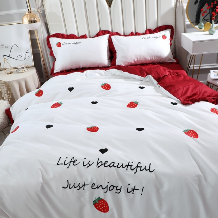 91家纺网 家纺一手货源 找家纺 2020全棉60长绒棉绣花韩版四件套纯棉60S支刺绣草莓酒红