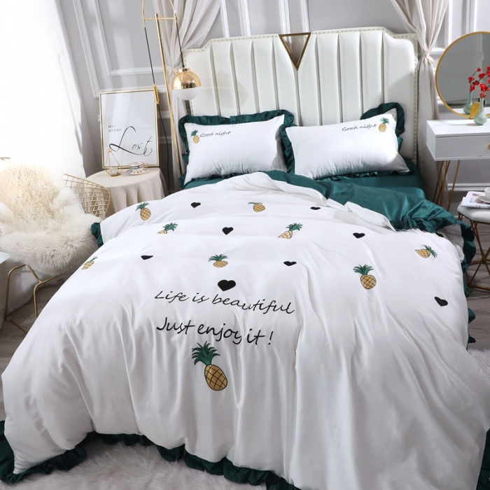 91家纺网 家纺一手货源 找家纺 2020全棉60长绒棉绣花韩版四件套纯棉60S支刺绣 菠萝绿