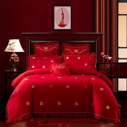 91家纺网 家纺一手货源 找家纺 （总）慕她 婚庆四件套大红色刺绣全棉纯棉结婚多件套