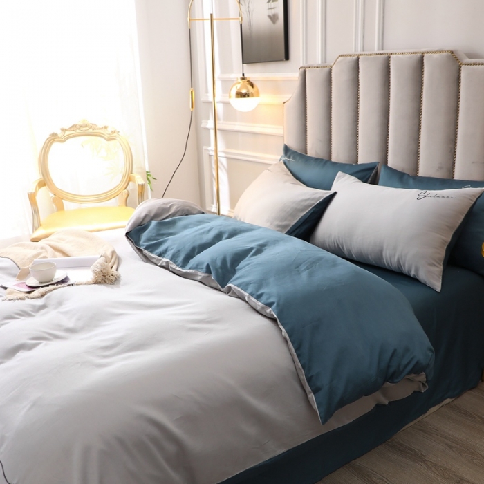 91家纺网 家纺一手货源 找家纺 全棉纯棉60S贡缎长绒棉绣花四件套纯色双拼色60支刺绣奥丁灰