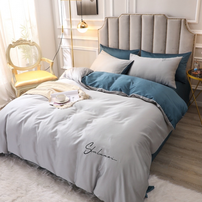 91家纺网 家纺一手货源 找家纺 全棉纯棉60S贡缎长绒棉绣花四件套纯色双拼色60支刺绣奥丁灰