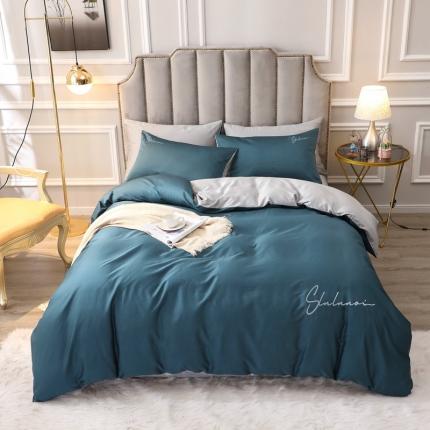 全棉纯棉60S贡缎长绒棉绣花四件套纯色双拼色60支刺绣宝石蓝