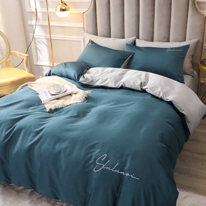 91家纺网 家纺一手货源 找家纺 全棉纯棉60S贡缎长绒棉绣花四件套纯色双拼色60支刺绣宝石蓝