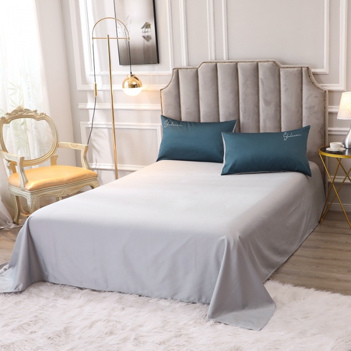 91家纺网 家纺一手货源 找家纺 全棉纯棉60S贡缎长绒棉绣花四件套纯色双拼色60支刺绣宝石蓝